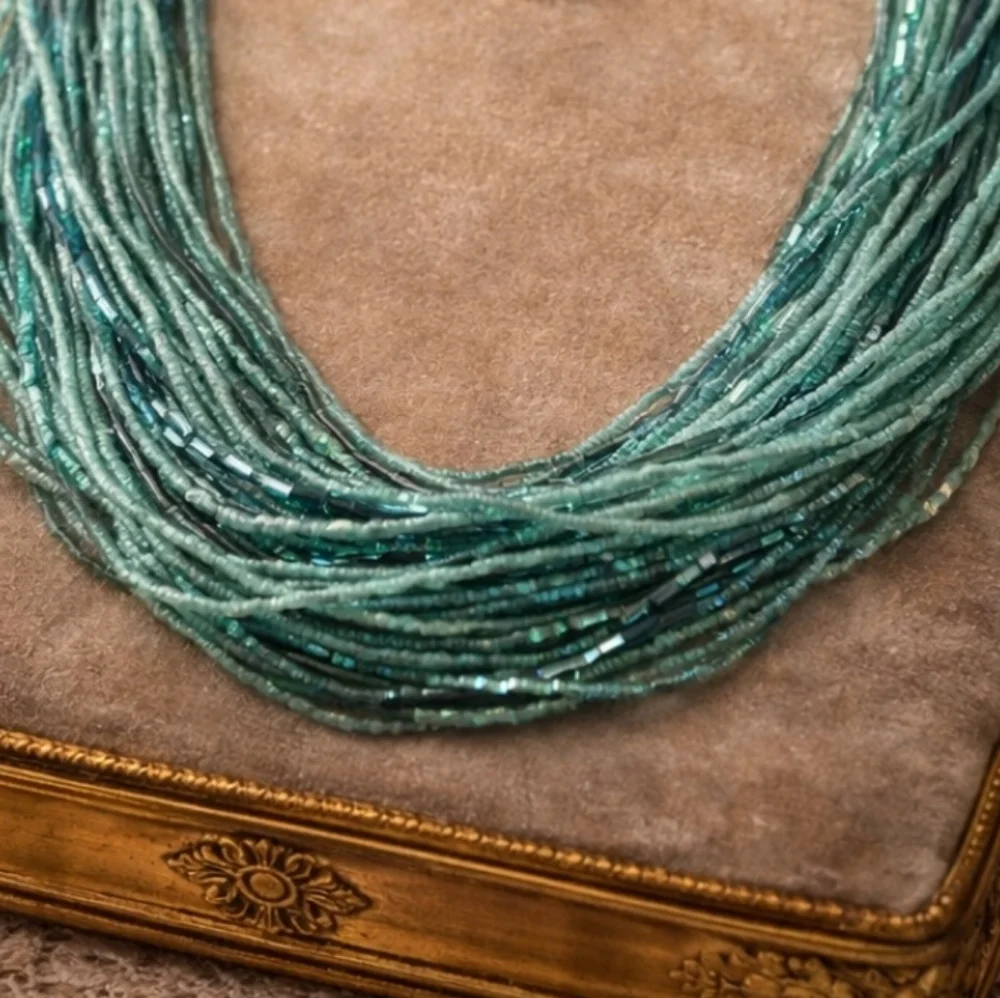 Vintage multi strand glass bead necklace in a soft aqua turquoise tone layers - Picture 1 of 4